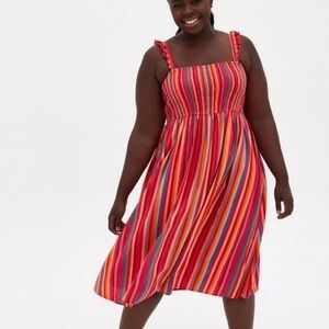 Torrid Midi Challis Smocked Tiered Pink Stripe Sun Dress Size 1X Beachy Festival